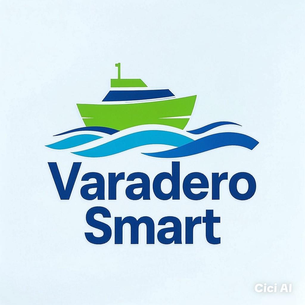 Varadero Smart logo featuring a stylized boat docked at a marina with calm blue water and modern lettering Varadero Smart conveying a sense of innovation and tranquility